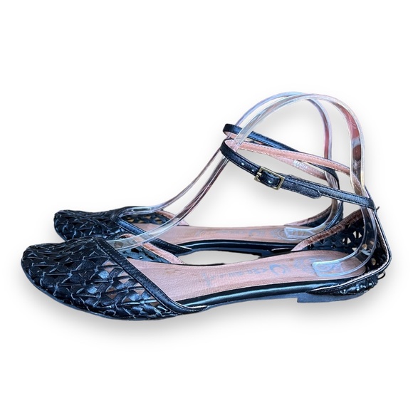 Jeffrey Campbell Black Leather Woven Ankle Strap Flats Size 9 - Picture 5 of 10